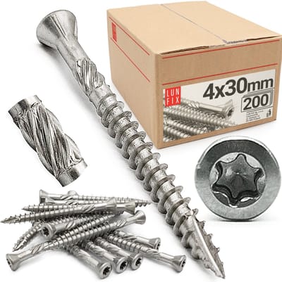 LUN FIX - Terrasschroeven RVS - 4x30mm - gedeeltelijk schroefdraad - 200 stuks - verzonken kop