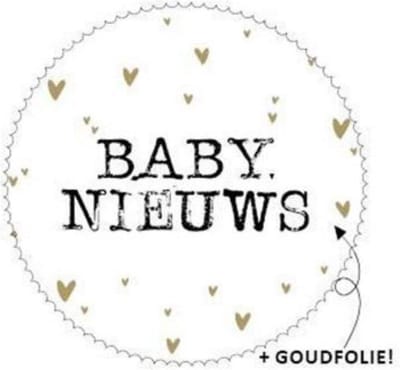 Wensetiket Baby nieuws - Geboorte sticker - Cadeausticker - sticker op geboortekaartje - Traktatiesticker Baby Nieuws - rond 44 mm - Sluitsticker - 25 stuks cadeausticker - Wit + Zwart + Goud - sticker baby nieuws
