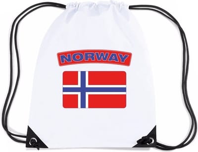 Noorwegen thema sporttas - nylon rijgkoord rugzak - wit met vlag print - supporters - 11 liter - 45 x 34 cm