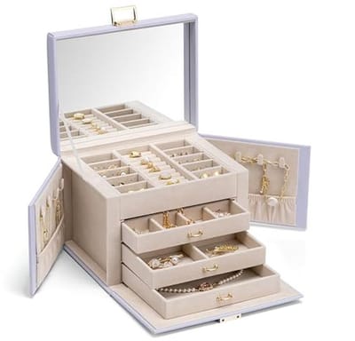 Vlando Jewelry Box for Women, Faux Leather Jewelry Box with Mirror, Earrings Necklace Rings Storage