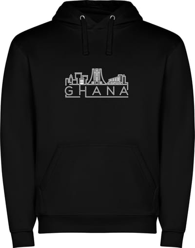 Zwarte unisex hoodie met “ Skyline Ghana – Vakantiegevoel – Strak – Modern “ Print Full Color Color merk Roly maat S