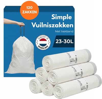 Simple Vuilniszakken 23/30 liter - 6 Rollen x 20 Stuks - Geschikt voor Brabantia code G - Brabantia Vuilniszakken G - 23/30L - Afvalzakken 23/30 liter - Geproduceerd in Nederland - Poubelle 30L