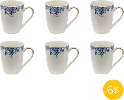 Clayre & Eef Mok set van 6 stuks 330 ml Blauw Porselein Bloemen Theemok