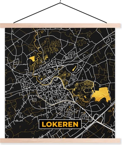 Posterhanger incl. Poster 40x40 cm - Schoolplaat - Goud - Lokeren - Kaart - Plattegrond - Stadskaart - Textielposter - Blanke latten - Stadskaart