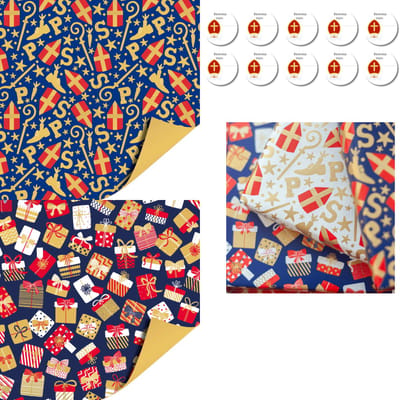 Dubbelzijdig Sinterklaas Cadeaupapier – Blauw Goud Rood – 2 Rollen 70x200 cm + 10 Naamstickers | Inpakpapier