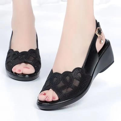 Sandales en maille à talons hauts pour femmes, sandales à bec de poisson, semelles souples ajourées et talons épais, chaussures de travail d'été 36 noir
