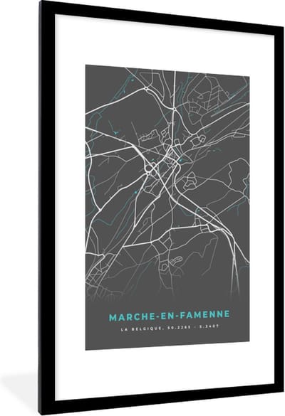 Fotolijst incl. Poster - Stadskaart – Grijs - Kaart – Marche en Famenne – België – Plattegrond - 80x120 cm - Posterlijst