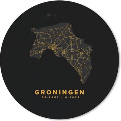 Muismat rond 20x20 cm - Mousepad Groningen - Nederland - Kaart - Black and gold - Ronde muismatten