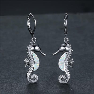 Schattige Vrouwelijke Zeepaardje Hoop Oorbel Witte Blauwe Opaalsteen Dierensieraden Roségoud Kleur Trouwoorbellen Voor Vrouwen black
