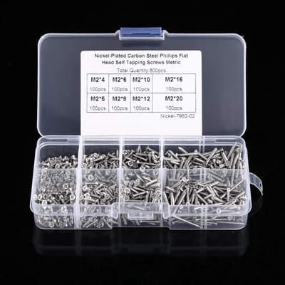 Dailygoods- Schroeven Assortiment 800 Stuks - Gekruiste Flush Kop - 8 Maten van 4 mm tot 20 mm - Geschikt voor Hout/PVC - Doorzichtige Opbergdoos - Scherpe Schroefdraad - Houtschroeven