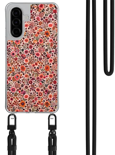 Hoesje met koord geschikt voor Samsung Galaxy A36 - Vintage floral - Inclusief Rood koord - Crossbody beschermhoes - Transparant, Roze - Mooie Telefoonhoesjes