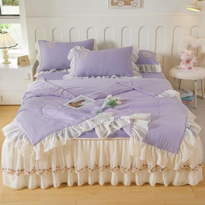 Romantische Franse Kant Ruche Bedrok IJszijde Koel Gevoel Vezel Matrasovertrek Zomer Koelmat Met Zomerdekbed Kussenslopen 150X200cm 4pcs