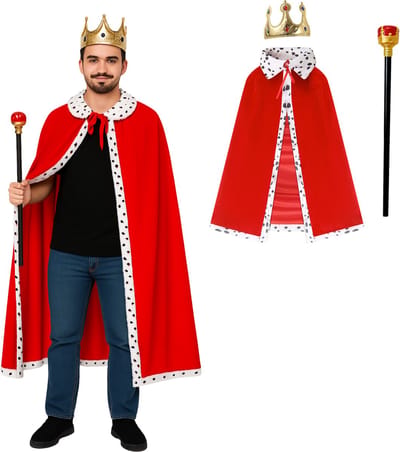 Joya Party® Koning cape/mantel met Kroon en staf voor volwassenen | Carnaval verkleedkleding | Prins Verkleed Cape | Middeleeuwen | Majesteit | Rood | Heren en Dames | One Size