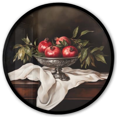 Poster in lijst Rond - Fotolijst 40x40 cm - Posters - Granaatappels - Klassiek - Vintage - Ronde posterlijst zwart - Decoratie - Wanddecoratie woonkamer - Muurdecoratie slaapkamer