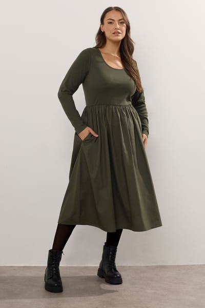 Yours Khaki Groene Gemengde Rib Midaxi Jurk Size 42