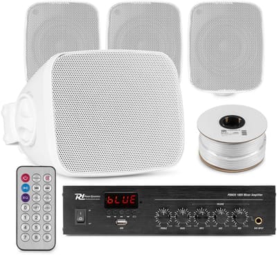 Power Dynamics buiten speakers set van 4 waterdichte mini speakers - Bluetooth en FM radio - Wit