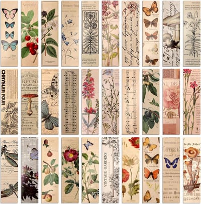 Thijox - 30 stuks Vintage Natuurlijke Papieren Bladwijzers met Vlinder, Bloem en Plantenpatronen - Gepersonaliseerde Boekenleggers van Wit Karton voor