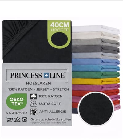 Princess Line- Comfortabel Ultra-Soft-Hoeslaken -100% katoen-Jersey -Stretch -Strijkvrij- Rondom elastiek-Hoekhoogte tot 40cm-Voor Boxspring-Waterbed-2Persoons-Lits-Jumeaux-200x220+40cm-Zwart