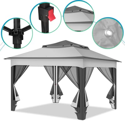 Paviljoen partytent 3,3×3,3 m met klamboe – Inclusief zandzakken en opbergtas voor tuin en terras, grijs