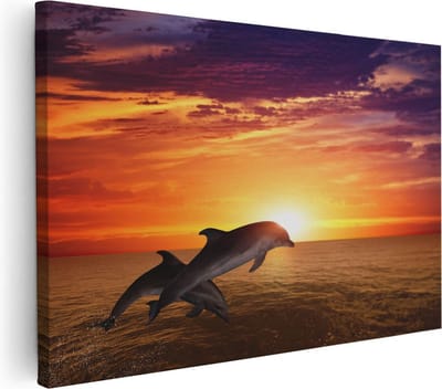 Artaza Canvas Schilderij Dolfijnen Zee En Strand - 30x20 cm - Klein - Wanddecoratie Dieren - Muurdecoratie Zonsondergang - Kamer Accessoires