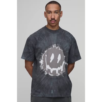 Oversized Tie Dye Smiley Face Print T-Shirt | Black | Size XS
