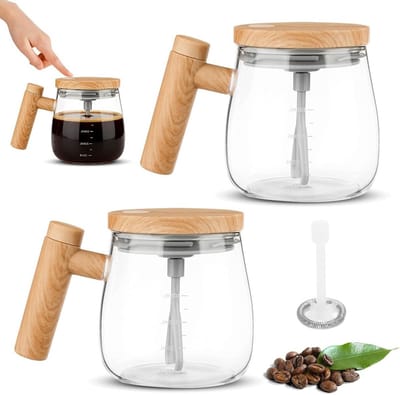 Set van 2 elektrische zelfroerende mokken, 400 ml glazen roerbeker voor koffie, melk en eiwitpoeder, met deksel en hoge snelheid