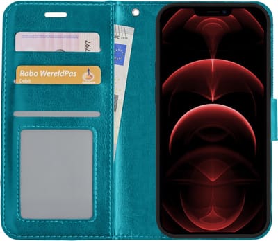 Hoes - Met Pasjeshouder - Geschikt voor Apple iPhone 13 Mini - Luxe Bookcase Portemonee - Flip Case - Kunstleer Book Case - Flipcase - Book Cover - Walletcase - PortemonneeHoes - Turquoise