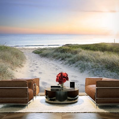98cm X 70cm - Zelfklevend fotobehang -  Ochtend wandeling op het strand  , Premium Print