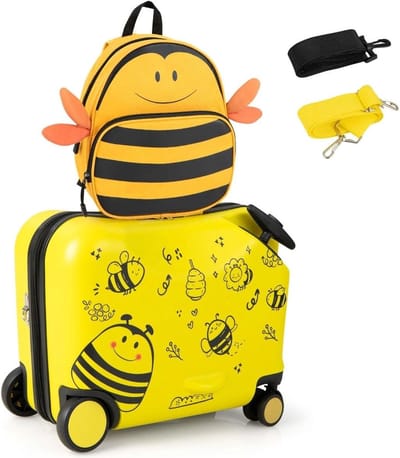 Trendmix Kinderkoffer met Wielen & Rugzak – 2-Delige Ride On Bagageset – Handbagage – Bijen Geel – 47x26,5x78,5 cm
