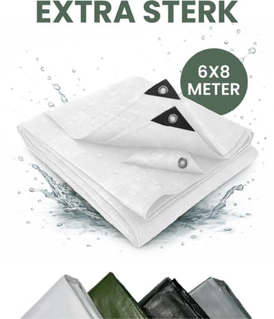 STACK® Extra Sterk Afdekzeil - 6x8m - Wit - 150G/M2 - Waterdicht Bouwzeil & Zeildoek - Zeil Met Ringen - Beschermhoes & Afdekhoes voor Zwembad,Tuin Set,Motor,Scooter,Fietsen,Aanhangwagen,Scootmobiel,BBQ accesoires - Auto Hoes Bescherming