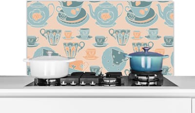 Spatscherm keuken 100x50 cm - Kookplaat achterwand Patronen - Vintage - Kopje - Thee - Muurbeschermer - Spatwand fornuis - Hoogwaardig aluminium