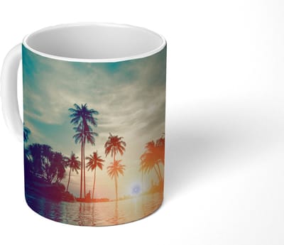 Mok - Koffiemok - Zee - Zonsondergang - Palmboom - Wolken - Mokken - 350 ML - Beker - Koffiemokken - Theemok