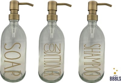 BBBLS® Design Dispenser Giftset "Soap Shampoo Conditioner" | Transparant Glas | 500ml | RVS / Metaal Pomp Goud | Zeeppomp | Zeepdispenser | Zeephouder