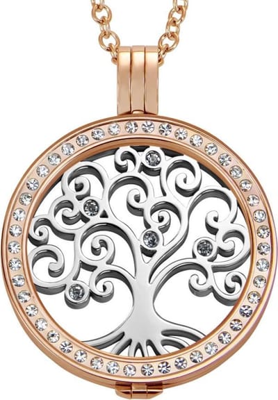 Quiges - Munthouder met Ketting en Munt 33mm Zirkonia Levensboom - RVS Roségoudkleurig met Zirkonia - ERHS598