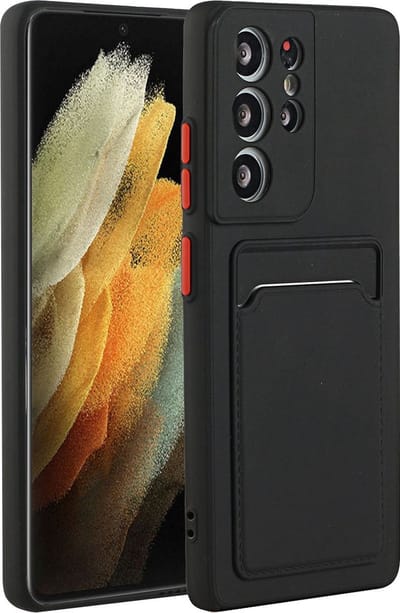 Casemania Hoesje Geschikt voor Samsung Galaxy S22 Ultra - Zwart - Siliconen Back Cover met Pasjeshouder