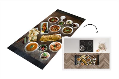 Keukenloper - Loper keuken - Witte borden en schalen gevuld met Indiaas eten op een houten tafel - 120x50 cm - Keukenloper vinyl