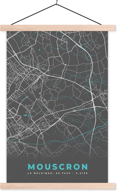 Posterhanger incl. Poster 40x60 cm - Schoolplaat - Kaart – Plattegrond – Stadskaart – Mouscron – België - Grijs - Textielposter - Blanke latten - Stadskaart