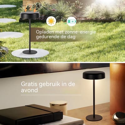 Glitzerlife - Tafellampen Tafellamp - 2 stuks - Draadloze LED Tafellamp - Touch dimbaar - Oplaadbaar USB Solar IP44 - Ø14x30 cm - Zwart