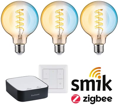 Paulmann Zigbee 3.0 Smart Home Startset Smik Gateway + Wandschakelaar + 3x Filament Globe G95 LED Lamp E27 Tunable White - 2200K-5500K - Goud - Dimbaar