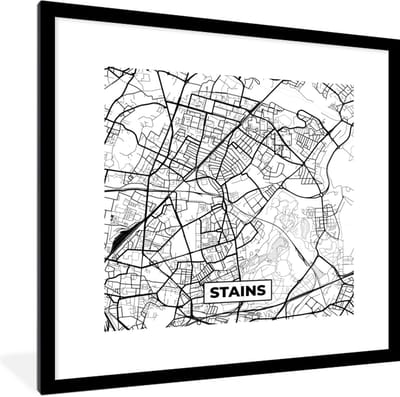 Fotolijst incl. Poster Zwart Wit- Stains - Plattegrond - Kaart - Frankrijk - Stadskaart - Zwart wit - 40x40 cm - Posterlijst