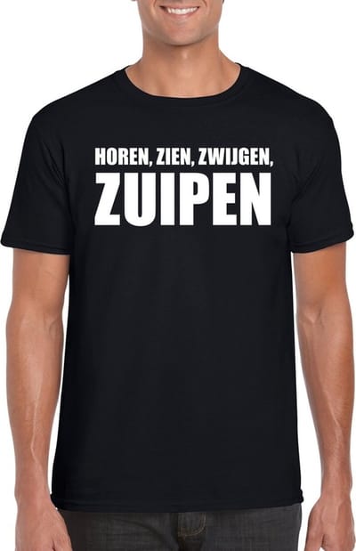 Horen Zien Zwijgen Zuipen heren shirt zwart - Heren feest t-shirts S