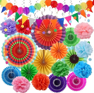 SnelShoppen - 33-delige Feestdecoratie Set met Papieren Pompoms en Vouwen Papieren Fans in Regenboog Kleuren voor Verjaardagsfeest, Bruiloft, Fiesta e