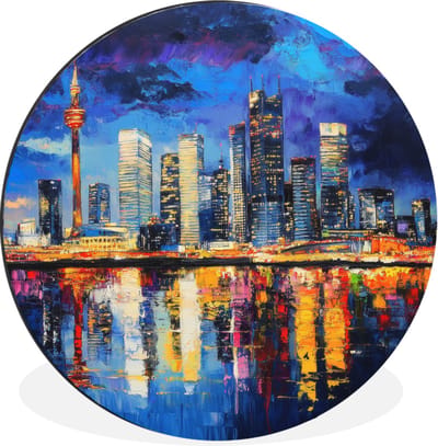 WallCircle - Wandcirkel - Muurcirkel - Skyline Toronto - Modern - Stadslicht - Blauw - Aluminium - Dibond - 30x30 cm - Binnen en Buiten