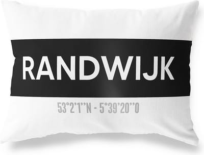 Tuinkussen RANDWIJK - GELDERLAND met coördinaten - Buitenkussen - Bootkussen - Weerbestendig - Jouw Plaats - Studio216 - Modern - Zwart-Wit - 50x30cm