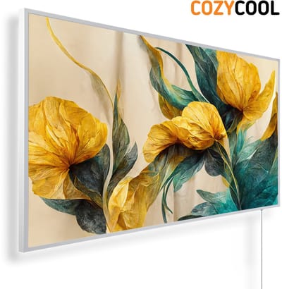 Infraroodpaneel met afbeelding | Elegante gouden bloemenachtergrond | 1200 Watt | Witte lijst | Infrarood verwarmingspaneel | Infrarood paneel | Infrarood verwarming