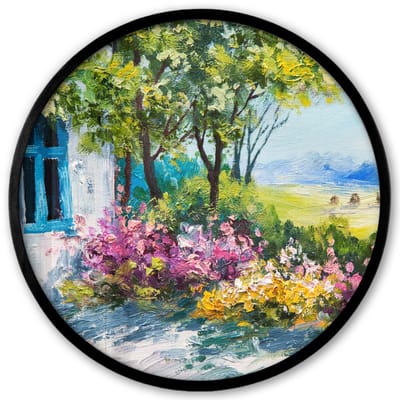 Poster in lijst Rond - Fotolijst 40x40 cm - Posters - Schilderij - Planten - Bloemen - Huis - Olieverf - Ronde posterlijst zwart - Decoratie - Wanddecoratie woonkamer - Muurdecoratie slaapkamer
