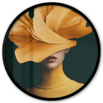 Poster in lijst Rond - Fotolijst 40x40 cm - Posters - Vrouw - Hoed - Geel - Ronde posterlijst zwart - Decoratie - Wanddecoratie woonkamer - Muurdecoratie slaapkamer