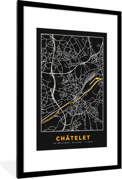 Fotolijst incl. Poster - Châtelet - Kaart - Goud - Plattegrond - Stadskaart - 80x120 cm - Posterlijst