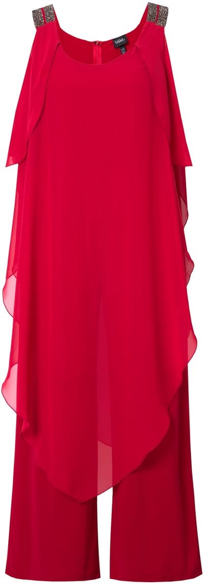 Ulla Popken - Dames - Jumpsuit dubbelgelaagd dubbele bandjes met glitter - Lichtrood - Maat 54+
