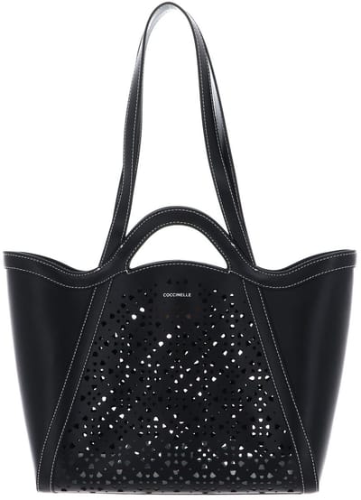 COCCINELLE Leren Schoudertas Shopper Amalia Cow Perforation Handbag Noir Zwart